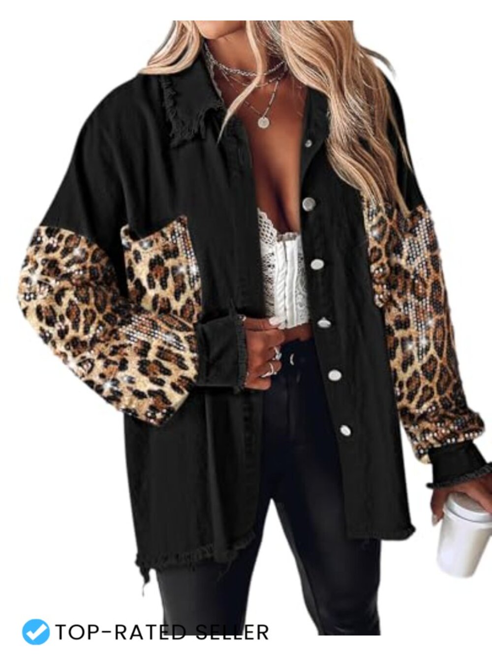 Sequin Patchwork Long Sleeve Oversized Denim Shacket with Raw Hem and Button